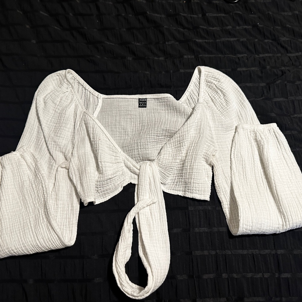 SHEIN White Textured Tie-Front Blouse